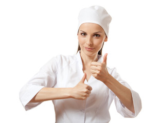 doctor showing thumbs up gesture, isolated on white background