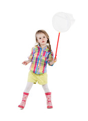 girl with a butterfly net. Isolated on white