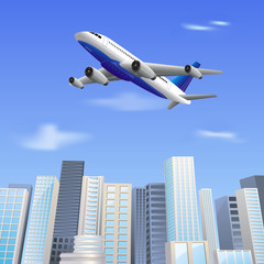 Fototapeta na wymiar vector illustration of airplane flying over skyscrape building