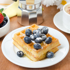 Belgian waffles with blueberries for breakfast