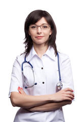 Fototapeta premium doctor woman in white medical gown and a stethoscope