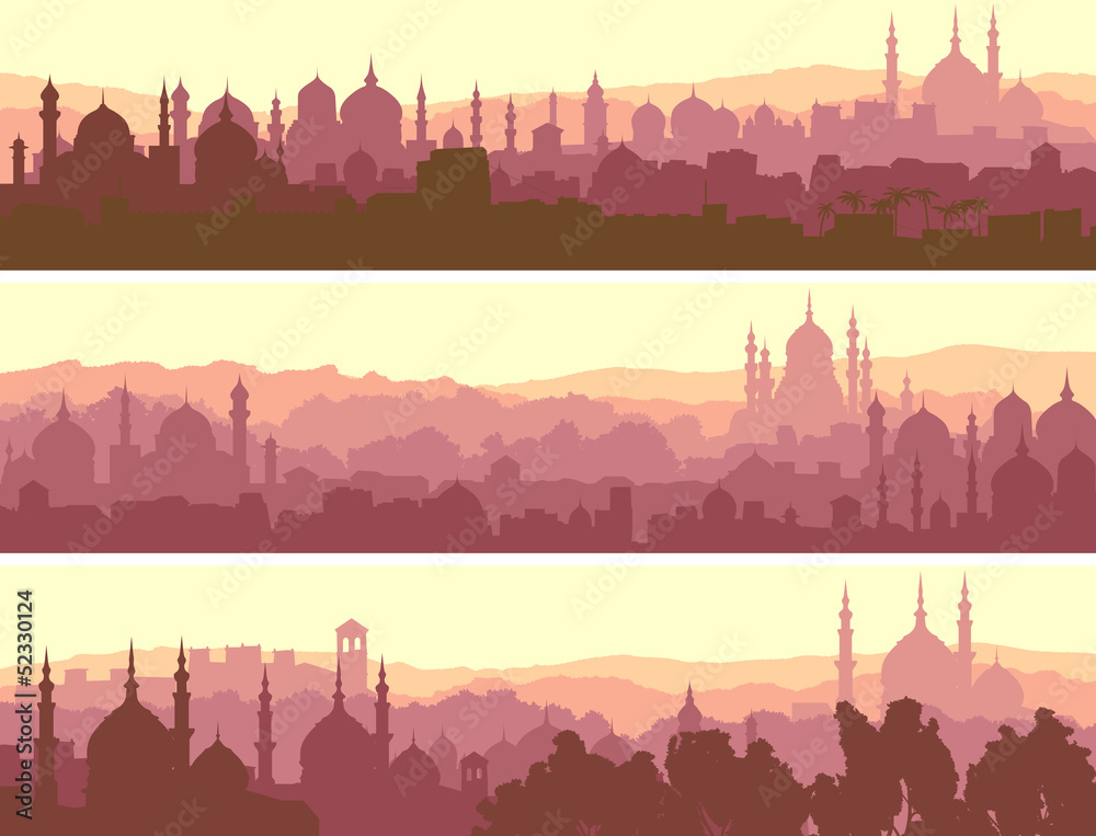 Wall mural horizontal banners of big arab city at sunset.