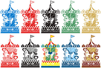 2014年午年年賀状用イラスト素材（回転木馬メリーゴーランド）カラフル１０点セット © むしとりねこ／MuShiToRiNeKo