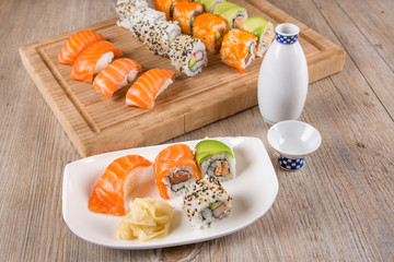 Variation of fresh tasty sushi rolls