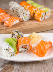 Variation of fresh tasty sushi rolls