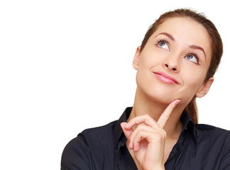 Thinking happy woman looking up with empty copy space isolated