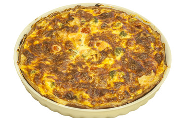 Homemade quiche pie dish isolated on white