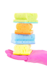 female hand in rubber glove with colorful sponges