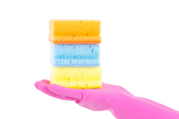 female hand in pink rubber glove with colorful sponges over whit