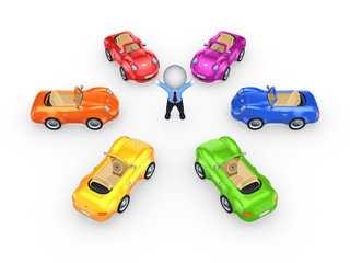 Colorful cars around 3d small person.