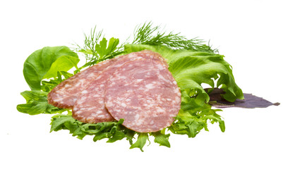 Sausages with salad and basil