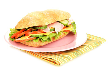 Fresh and tasty sandwich with ham and vegetables isolated