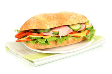 Fresh and tasty sandwich with ham and vegetables isolated