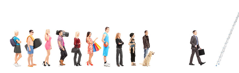 Obraz premium Full length portraits of people waiting in a line and a busines
