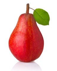 Ripe red pear fruit with green leaves isolated