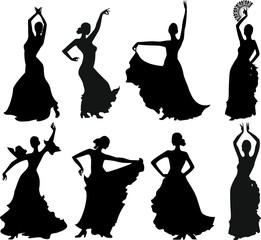 Eight silhouettes of flamenco dancer - obrazy, fototapety, plakaty