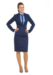 Full length portrait of business woman looking on copy space