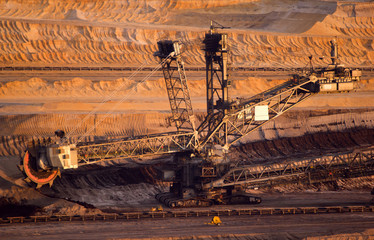 A giant bucket-wheel excavator in a brown-coal mine