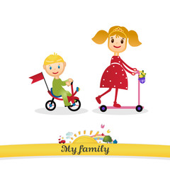 My family. Children by bicycle and a skateboard