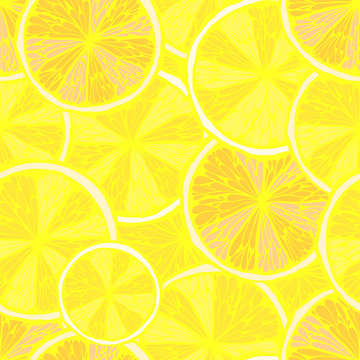 Seamless bright yellow hand drawn pattern with lemon slices