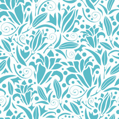 Fototapeta na wymiar Vector blue lily silhouettes seamless pattern background with