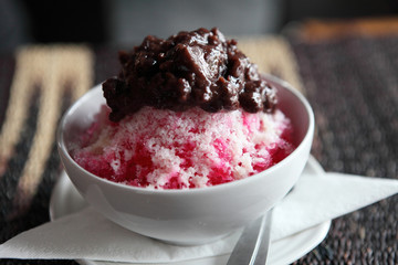 Traditional Japanese Dessert , A Bowl of Red Bean Sweet with red