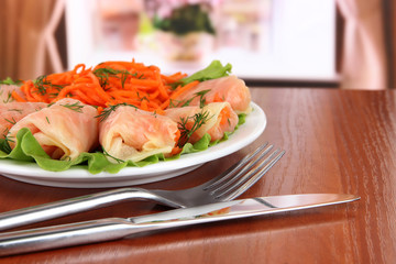 Stuffed cabbage rolls on table at home