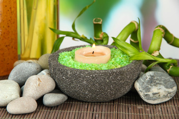 Still life with green bamboo plant and stones,