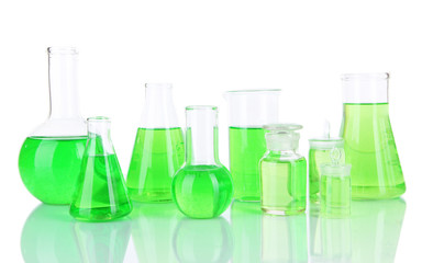 Test-tubes with green liquid isolated on white