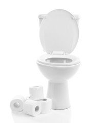 White toilet bowl with toilet paper, isolated on white