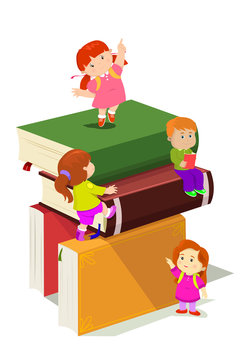 Kids climbing in stack of books