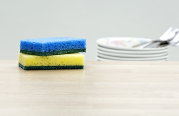 cleaning sponges and dishes in a kitchen