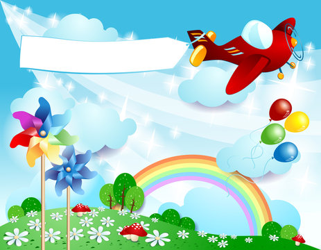 Spring background with airplane and banner
