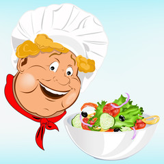 Funny Cook and fresh vegetable salad.Vector