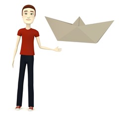 3d render of cartoon character with origami boat