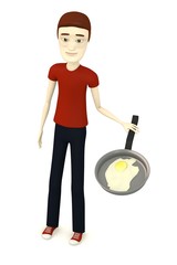 3d render of cartoon character with egg in pan