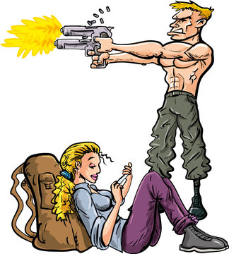 Cartoon man protecting his girlfriend