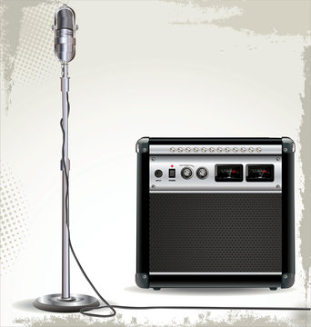 Electric Guitar Amplifier And Retro Microphone Background