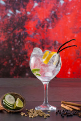 Gin tonic cocktail with spices in red grunge background
