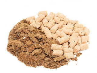 sunflower meal and bran background. Food for horses and farm an