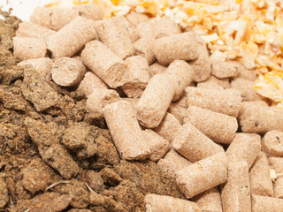 sunflower meal, maize and bran background macro. Food for horses