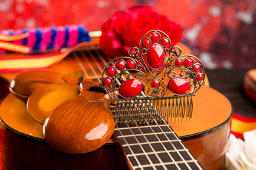 Cassic spanish guitar with flamenco elements - obrazy, fototapety, plakaty