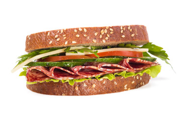 Sandwich with sausage and vegetables, isolated on a white backgr