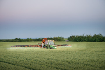 Obraz premium Tractor spraying on the field
