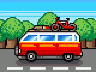Door stickers Pixel car going for summer holiday trip - retro pixel illustration