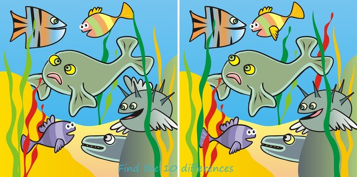 Marine life, board game for children, find ten differences, vector illustration. Color picture with fishes and water plants.
