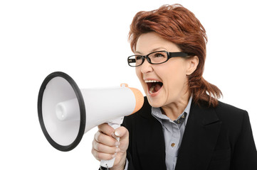 Naklejka premium Businesswoman screaming through megaphone