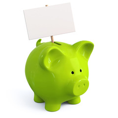 Green piggy bank with signboard
