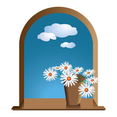 window with flowers daisies and sky with clouds