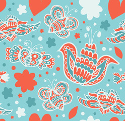 Seamless background with flowers, hearts and butterflies